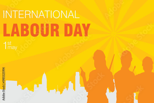 International Labour Day poster with workers, tools, and city skyline illustration. eps 10