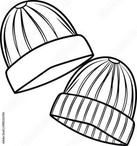 Two ribbed beanies in a line drawing style
