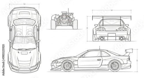 Car Blueprint Design Technical Drawing Sports Vehicle.