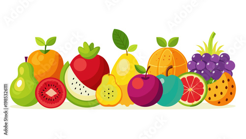 Collection of various healthy fruits in flat vector style