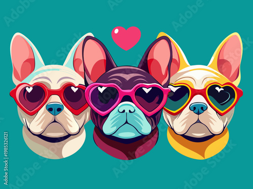 Three stylized French bulldog portraits with heart glasses vector