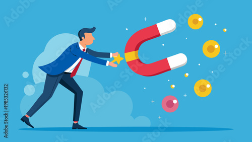 Businessman holding giant magnet attracting gold coins vector art