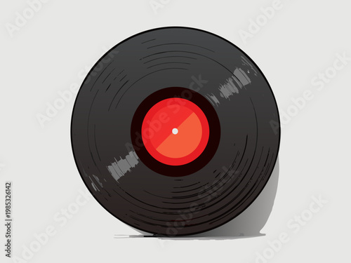 Black vinyl record with red center label isolated on light background