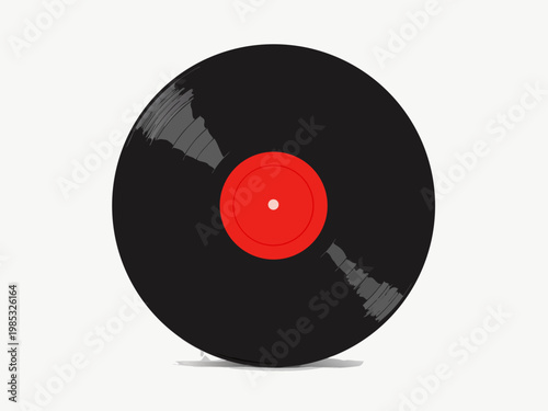 Black vinyl record with red center label isolated on light background