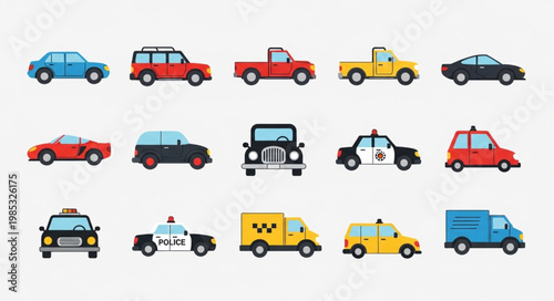 Collection of diverse cartoon vehicles for transportation illustration.
