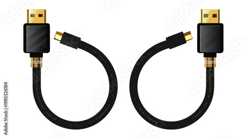 Two black usb type c cables with gold connectors isolated on white