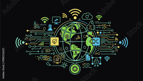 A vibrant illustration of the Earth surrounded by various digital icons and symbols on a black background with a neon color scheme.