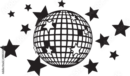 Black and white globe with grid pattern surrounded by stars
