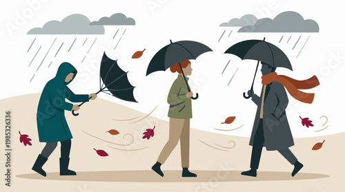 Three people navigating rainy and windy autumn weather with umbrellas