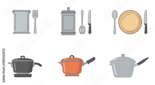 Assorted kitchen utensils and cookware essentials illustration