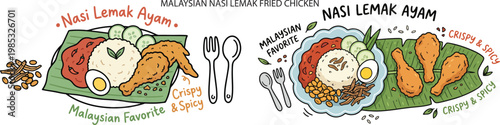 Malaysian Nasi Lemak Fried Chicken, Nasi Lemak Ayam Goreng, Illustration Doodle Cartoon Collection