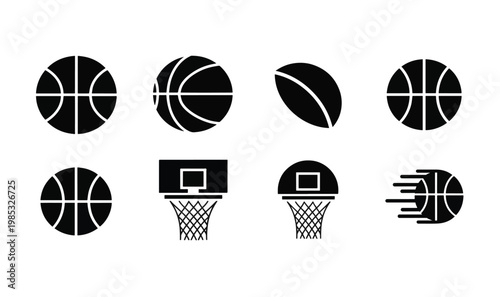 Premium 8 Basketball Logo Icons - Minimalist Sports Team Emblems, Basketball Hoop Silhouettes  Motion Ball Graphics for Athletic Branding