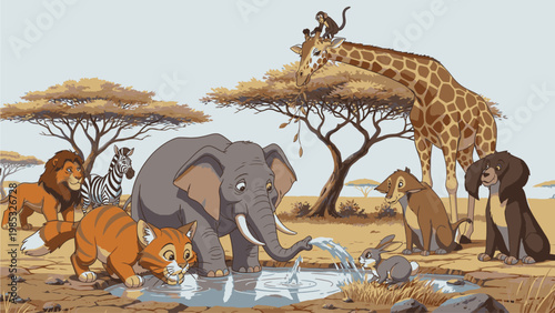 A colorful illustration of various African animals gathered around a watering hole in a savannah landscape with trees and a clear sky.