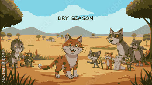 Illustration of a group of cartoon animals standing together in a dry, savannah landscape with trees and mountains in the background during dry season.
