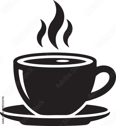 Black coffee cup with steam on saucer white