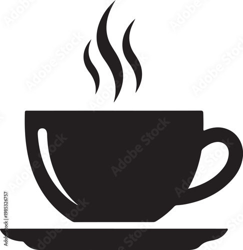 Black coffee cup with steam on saucer