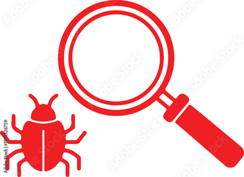 Magnifying glass examining a red insect, representing the concept of bug hunting, debugging, and software testing in a clear, simplified illustration