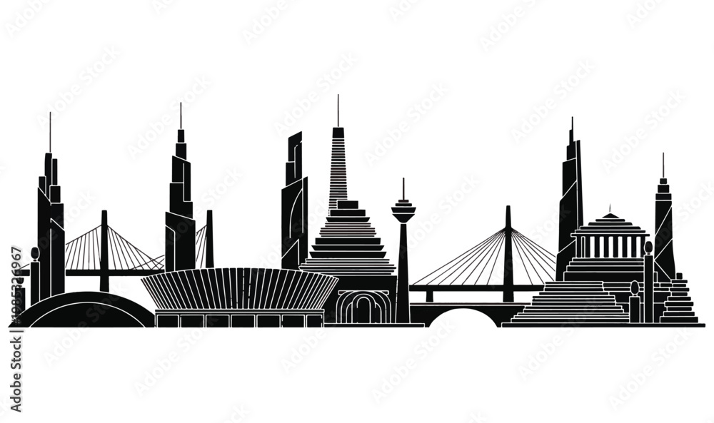 Naklejka premium Modern City Skyline Silhouette - Urban Architecture Panorama, Skyscraper Landscape, Iconic Bridge Stadium Vector Art for Commercial Branding