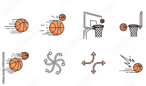 Premium 8 Basketball Action  Motion Icons - Colorful Sports Training Graphics, Basketball Hoop Shots  Tactical Directional Arrows for Coaching