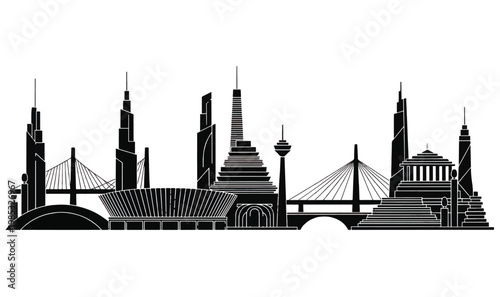 Modern City Skyline Silhouette - Urban Architecture Panorama, Skyscraper Landscape, Iconic Bridge  Stadium Vector Art for Commercial Branding