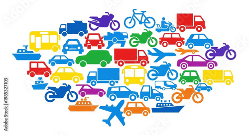 Collection of colorful transportation vehicles and modes of travel.