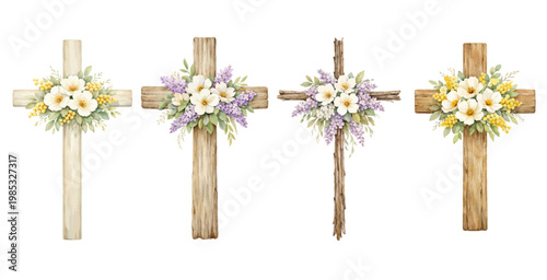 Watercolor crosses with flower bouquets. Easter catholic religious symbol. Orthodox cross for church and holidays. Latin symbol of the saint and spring floral arrangement.