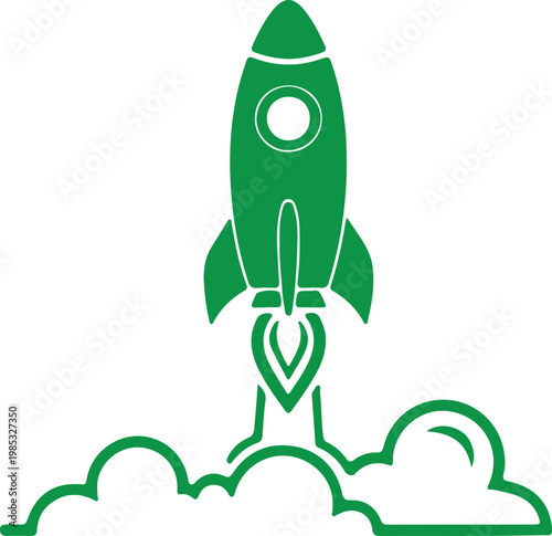 Green rocket ship launching into the sky, leaving behind a trail of smoke and clouds, representing innovation and progress