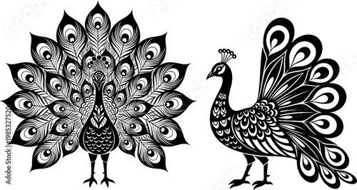 Elegant Peacock Bird Silhouettes with Intricate Feather Patterns and Mandala Details for Luxury Branding, Decorative Wall Art, and Wedding Stationery Vector Design