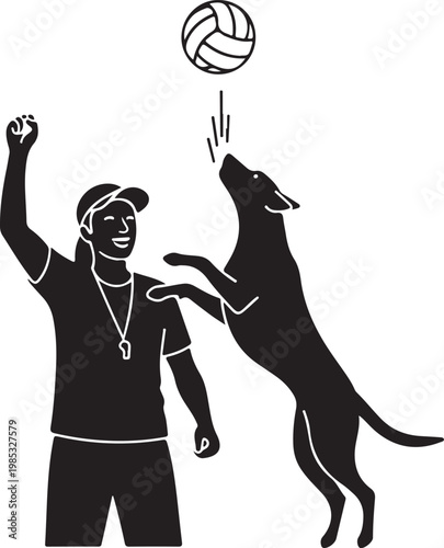 Black silhouette of man and dog jumping to catch volleyball white