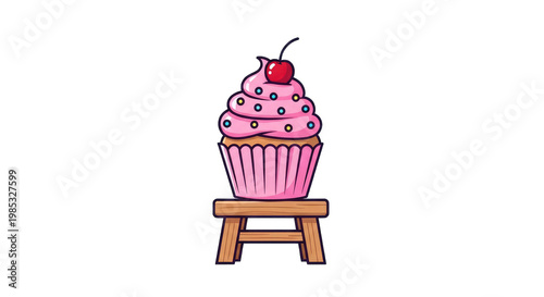 Sweet Cupcake with Pink Frosting and Cherry on a Wooden Stool, Isolated