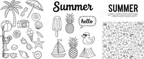 Hand Drawn Summer Vacation Doodle Set Featuring Tropical Palm Trees Pineapple Beach Elements Ice Cream And Nautical Icons For Seasonal Creative Design Projects And Patterns
