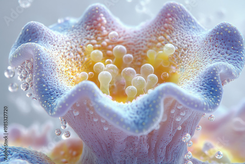 selective focus macro ocean reef scene with textured coral formations bubbles and marine life in immersive deep sea lighting