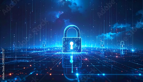 Blue cyber-lock guards digital realm. Futuristic grid pulses with data streams