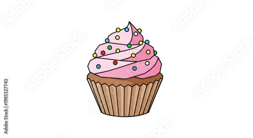 Sweet Pink Cupcake with Colorful Sprinkles on White Background