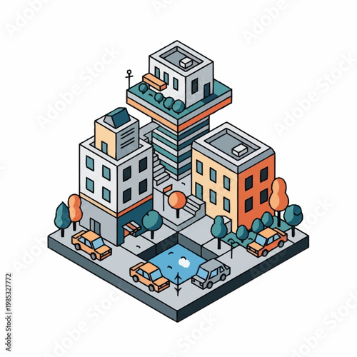 Isometric illustration of modern city buildings.