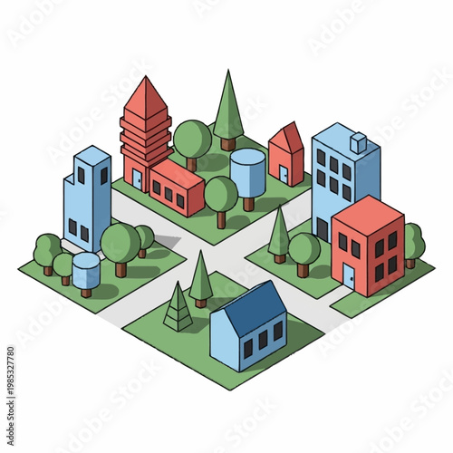Colorful illustration of a suburban neighborhood.