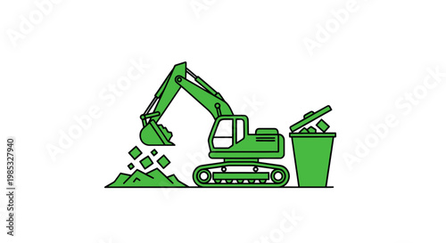 Green excavator digging and loading into a trash bin, construction and waste management icon