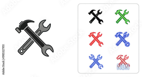 Hammer and Wrench Tools Icon Set, Repair and Construction Symbols