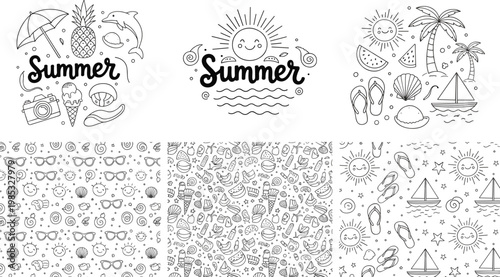 Hand Drawn Summer Doodle Set And Seamless Patterns Featuring Tropical Palm Trees Sun Pineapple Beach Elements And Nautical Icons For Creative Seasonal Graphic Design Projects