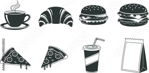 Food icons set including coffee cup, croissant, burger, pizza slice, soda cup and notepad on white background for menu, restaurant or food delivery concept