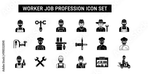 A comprehensive collection of minimalist vector icons representing various worker jobs and professions in a professional style for design projects