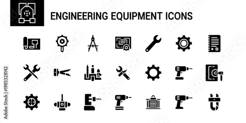 A Collection of Minimalist Professional Glyph Icons Representing Engineering Equipment and Industrial Tools for Web Design