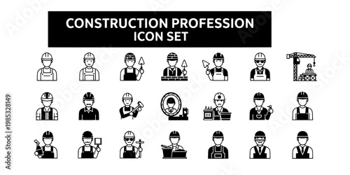 A professional minimalist collection of construction worker icons depicting various trades and professions for business and industry