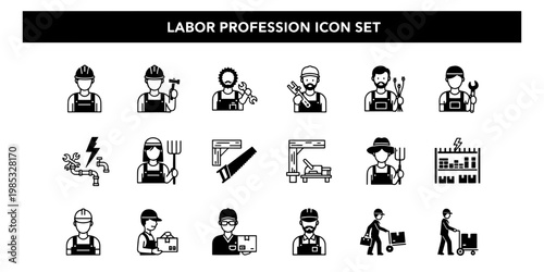 Labor Profession Icon Set in Graphic Informative Style. A diverse collection of skilled trade and manual worker icons.