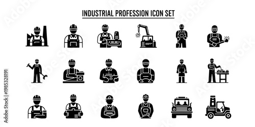 Organized Minimalist Industrial Profession Icon Set Black Silhouette Icons for Construction and Manufacturing Industry