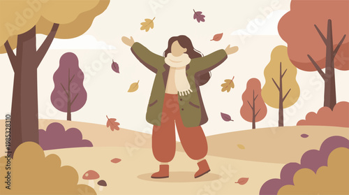 Joyful woman in cozy outfit enjoying autumn season with falling leaves