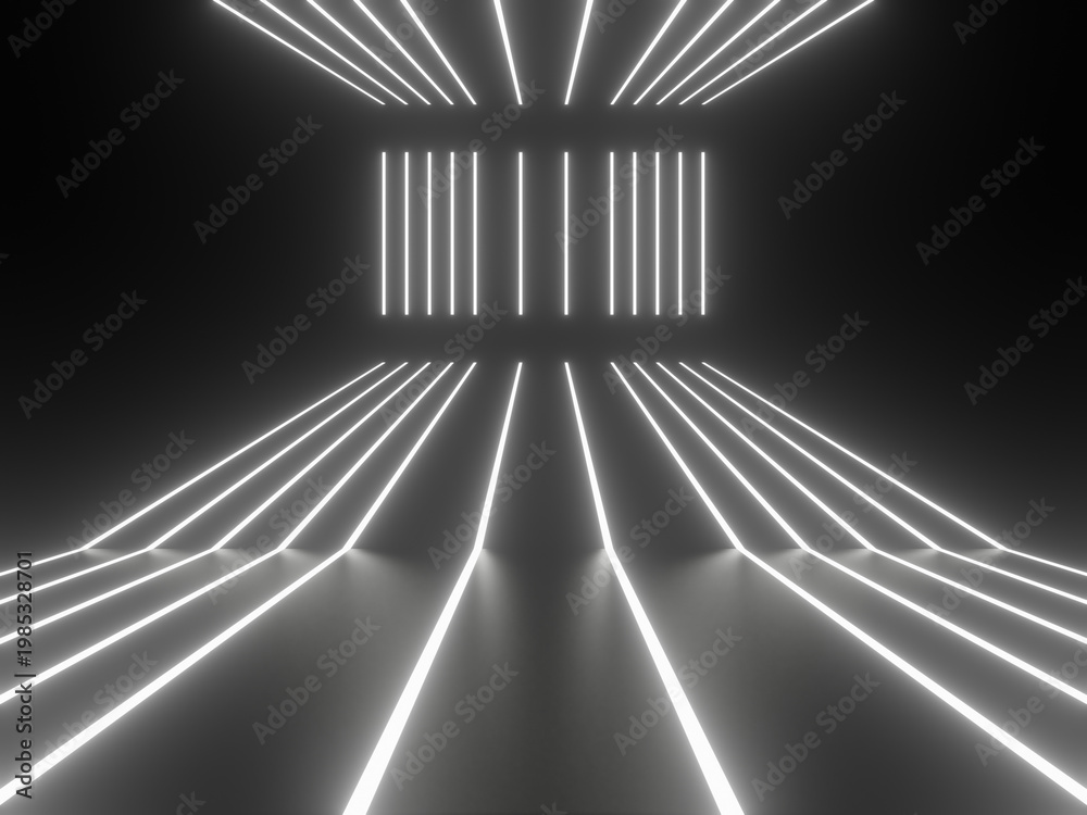 Fototapeta premium Black geometric stage with white neon lights