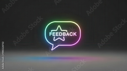 Vibrant neon feedback bubble glowing with star icon on dark background, symbolizing user