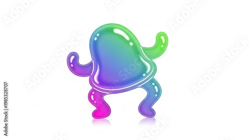 Vibrant Glossy Gradient Blob Character in Playful Stance with Reflective Surface