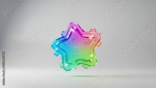 Vibrant iridescent liquid star shape with internal bubbles against a minimalist gray backdrop